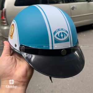 mũ bảo hiểm in logo màu xanh trắng