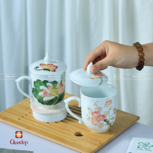 Ly Sứ Trắng Bát Tràng In Hình Hoa Sen